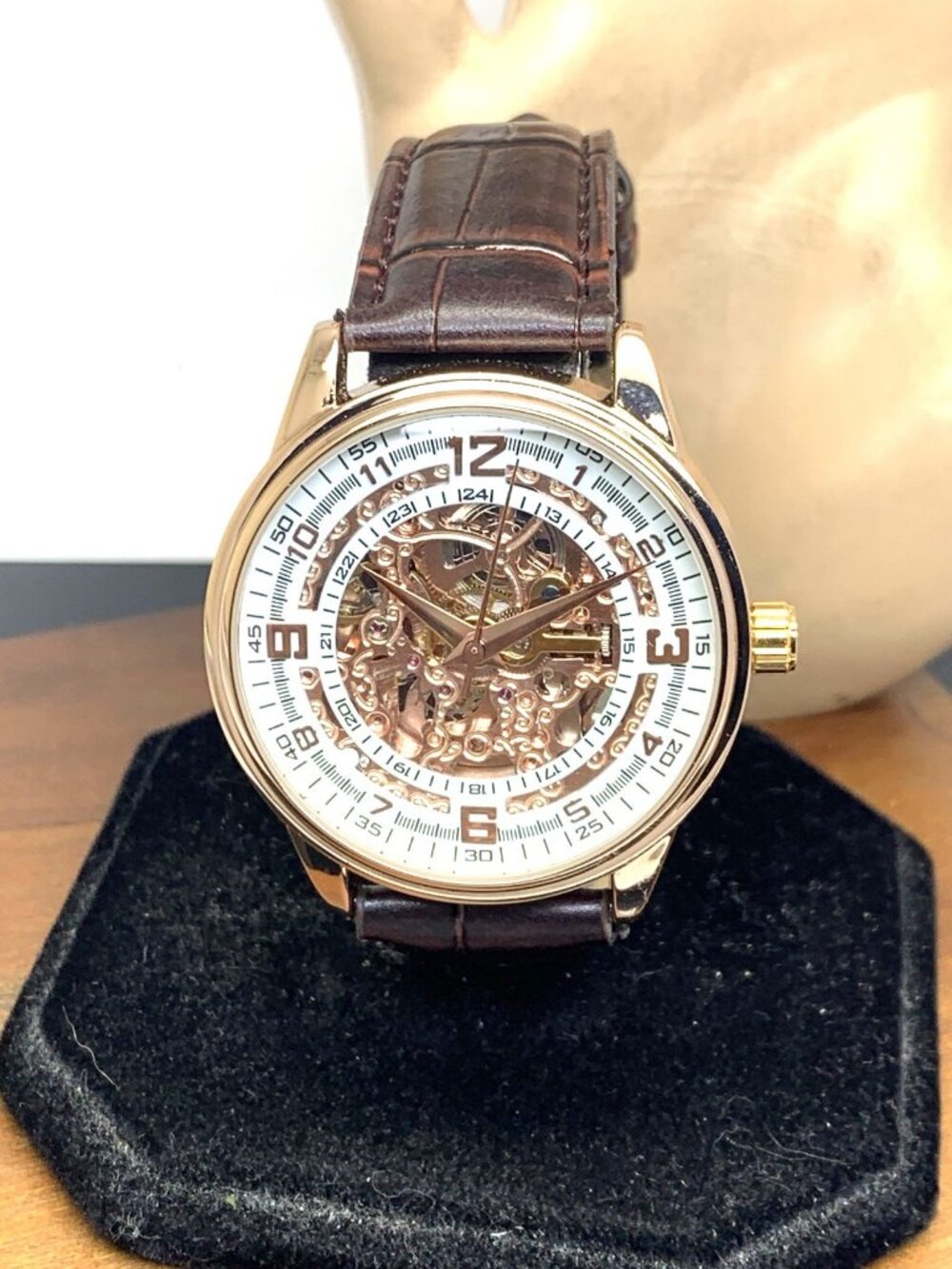 Akribos Men's Watch Automatic White Rose Gold Skeleton Dial Brown Leather 41mm